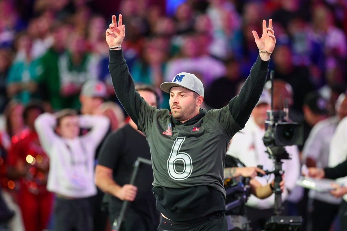 Feb 1, 2024; Orlando, FL, USA; Tampa Bay Buccaneers quarterback Baker Mayfield (6) participates in the NFL Pro Bowl Skills Competition at the UCF NIcholson Fieldhouse.